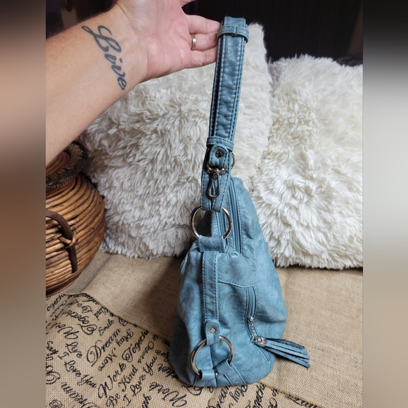 Used pretty greyish blue shoulder bag with silver tone hardware good cond - Picture 2 of 12